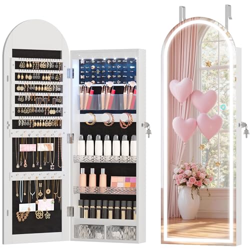 LVSOMT LED Espejo Joyero de Pared, Arqueado Espejo Joyero con Cerradura, Moderno Armario Joyeros Colgante con Espejos de Arco, Montaje puerta o pared, 3 Color Luz, Gancho de puerta Ajustable, Blanco