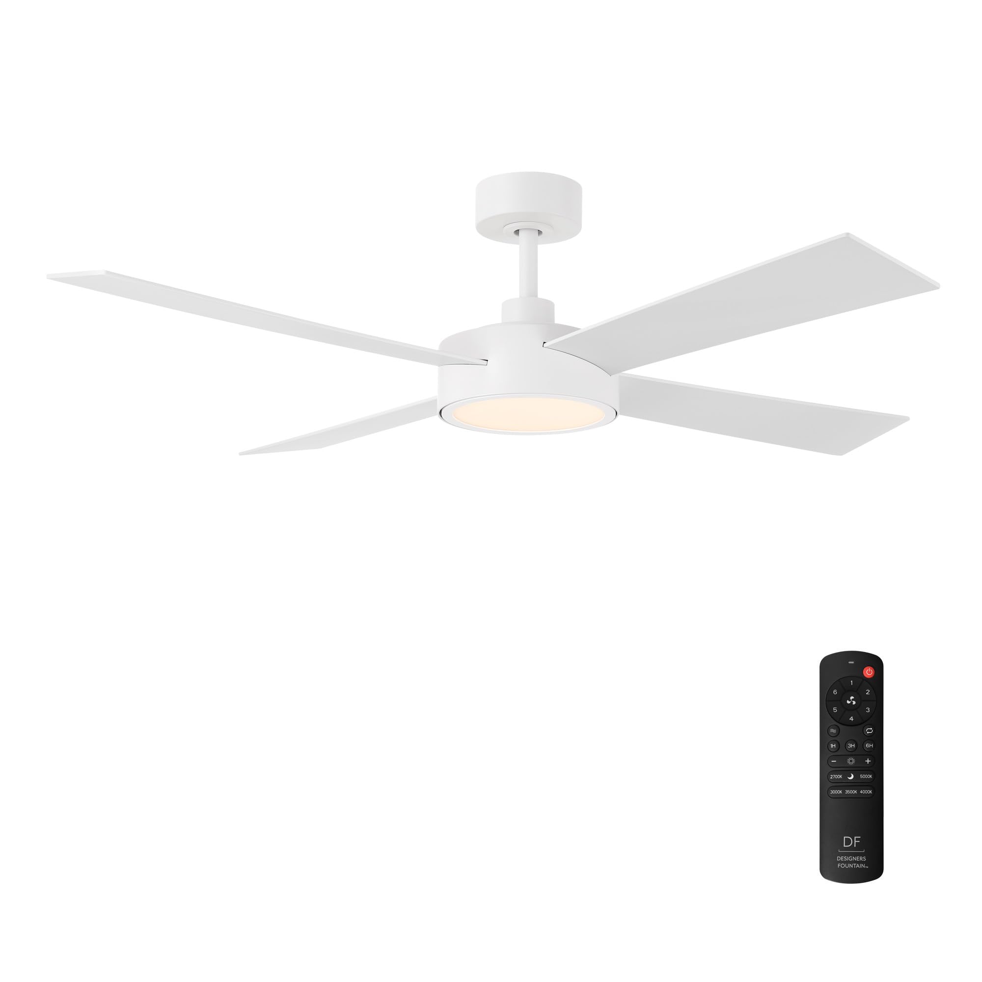 DESIGNERS FOUNTAIN Onyo Ceiling Fan with Lights, 52 Inch LED Light Indoor Outdoor 4-Blade Fan, Remote Control, RGB, Matte White, FR-ONY52C5-MW