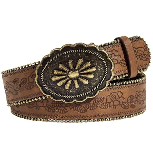 Tgirls Brown Western Belt for Women Cowboys Cowgirls Belt for Jeans Vintage Country Belts with Floral Embose Buckle