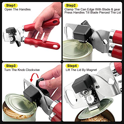 Can Opener, No-Trouble-Lid-Lift Magnet Manual Can Openers Smooth Edge, Japanese Stainless Steel Sharp Blade Safe Cover for Beer/Tin/Bottle, Big Turning Knob Soft Handle Good for Seniors with Arthritis