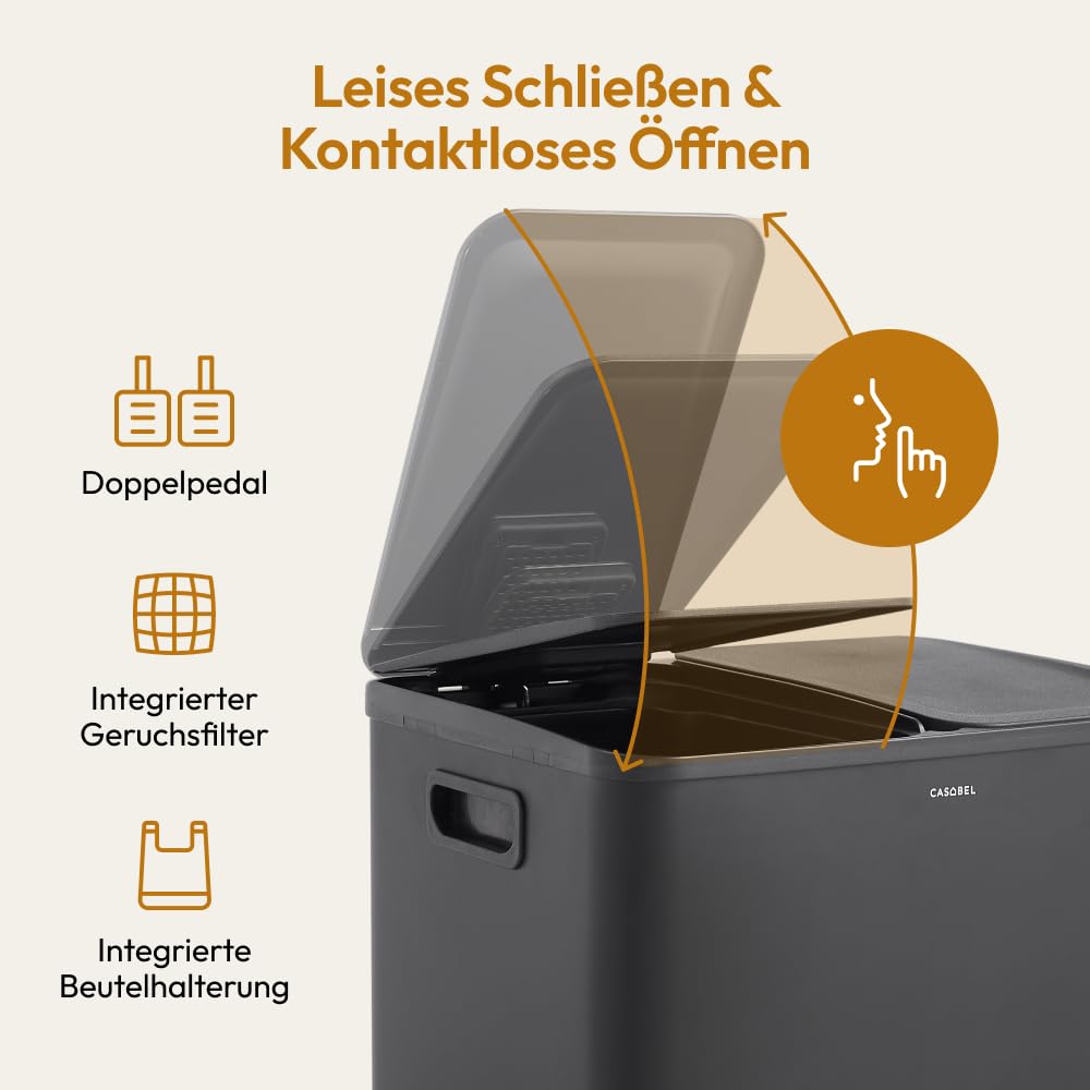 CASABEL Doppel-Küchenmülleimer 2x15L aus Edelstahl, fingerabdruckresistent, luftdichte Deckel mit Fußpedal, ideal für Recycling in Küche, Bad oder Büro - Schwarz