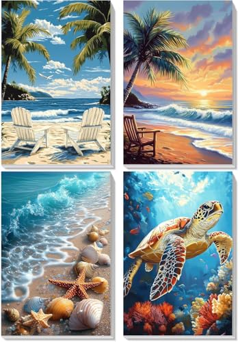 Image of Eiazuiks 4 Packs Stamping Cross Stitch Kit, Beach Counting Cross Stitch Kit for Adult Beginners, Full Line DIY Stitching Kit for Home Decor Cross Stitch Patterns 12x16 inches
