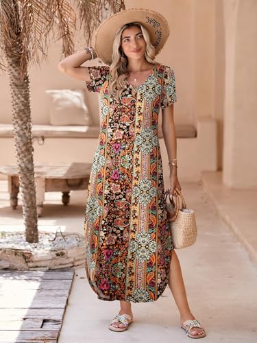 Image of BELAROI Plus Size Maxi Dress for Women Summer Casual V Neck Short Sleeve Long Dress with Pockets Beach Vacation Cover Up