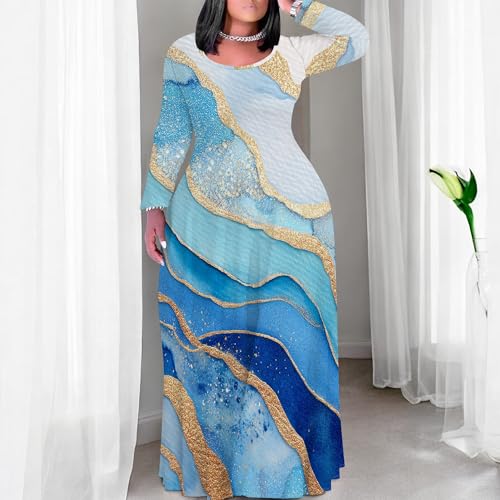 Image of PinkPatty Plus Size Maxi Dress for Curvy Women Crew Neck Long Sleeves Casual Dress Vacation Sundresses with Pockets
