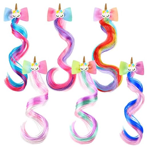 WILLBOND 6 Colors Unicorn Wig Hair Clips Bows for Girls Hair Braided Extension Colored Hair Bows Braided Curly Wig Hair Extension for Kids Princess Costume Dress up Hair Accessory (Charming Style)