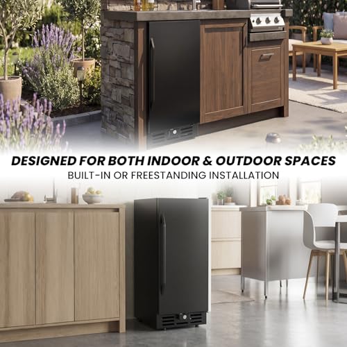 Image of 15 Inch Wide Under Counter Beverage Refrigerator, 128 Cans Large Capacity Drink Cooler, Freestanding & Built-in Beer Wine Soda Fridge with LED Light, for Home Kitchen Bar Office Outdoor Patio Black