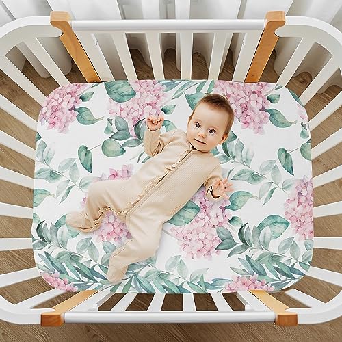KICPOAY Fitted Crib Sheets Pink Hydrangeas and Green Leaves Stretchy Portable Playard Sheets for Baby Toddler, Breathable Soft Mini Crib Mattress 52 x 28 in for Boys and Girls
