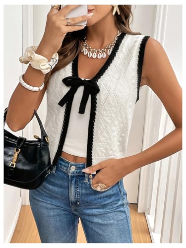 MakeMeChic Women's Contrast Binding Knit Sweater Vest Tie Front Sleeveless V Neck Crop Cardigan3