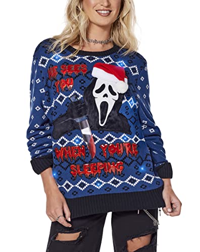 Spencer's Light-Up Ghost Face ® He Sees You Christmas Sweater | Officially Licensed Light-Up Christmas Sweater