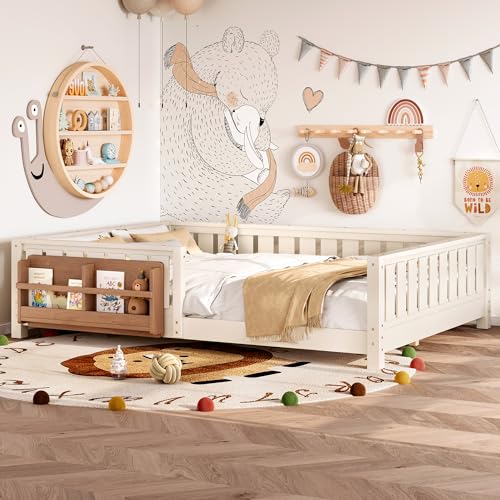 Bellemave Queen Floor Bed with Slats and Rails Queen Size Montessori Floor Bed with Bookcase and Fence Easy Assemble Montessori Beds for Girls Boys Beige Floor Beds