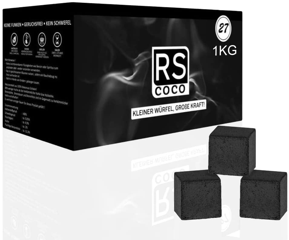 RS COCO 27er 1kg Premium Kokosnuss Kohle - Kokos-Kohle Naturkohle BBQ Kokos Coal Briketts für den Grill - Würfel Kohlen & Grillkohle mit sehr Langer Brenndauer - RSCOCO