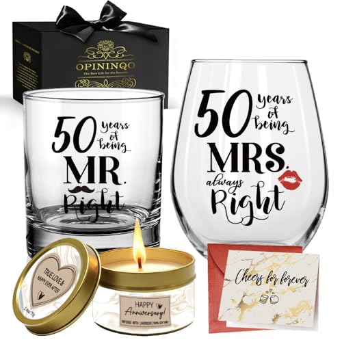 Opininqo 50th Wedding Anniversary Glass Gifts for Couples - 50 Years of Being Mr Right & Mrs Always...