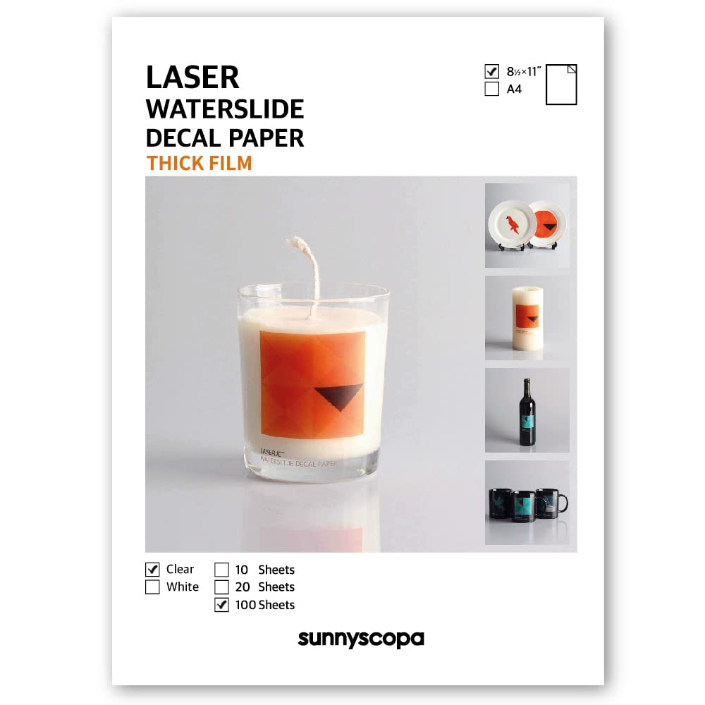 Sunnyscopa Waterslide Decal Paper for LASER Printer - CLEAR, US LETTER SIZE 8.5"X11", 100 SHEETS, THICK - Personalized Water Slide Transfer - DIY Custom Printable Water-Slide Decals…