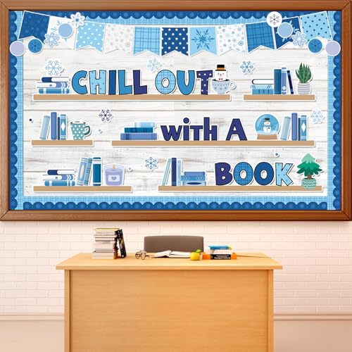 Winter Bookshelf Classroom Bulletin Board Decorations Reading Theme Classroom Decoration Snowflake Cutouts Chill Out with A Book Bulletin Board Set for Christmas Holiday School Chalkboard Wall Decor