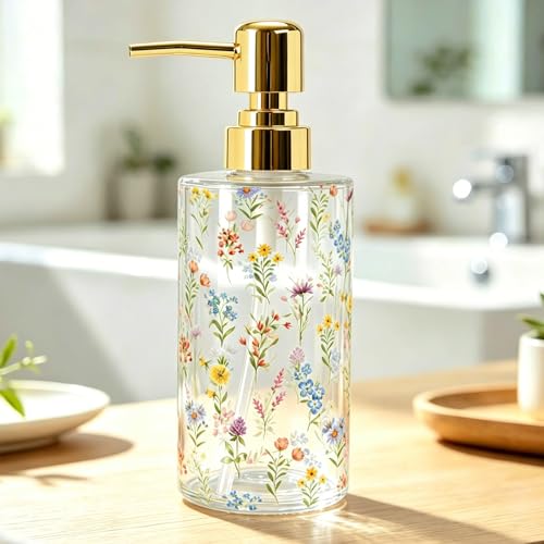 FYSUIMU Wildflower Soap Dispenser Fresh Floral Refillable Clear Liquid Container with Pump Flower Glass Dispenser for Bathroom Kitchen Countertop Decor