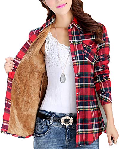 Lashapear Womens Winter Long Sleeve Fleece Plaid Shirt Flannel Warm Blouse, Red, TagL(US 6)