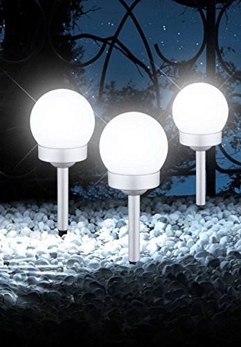 Globolightings LED Solarlampe mit Erdspieß 3-Teilig Wegelampe Set Solar Außenleuchte Wegbeleuchtung Kugel (Gartenlampe, Solarleuchte, Gartenleuchte, Außenlampe, Höhe 35 cm, Silber) Globolightings LED Solarlampe mit Erdspieß 3-Teilig Wegelampe Set Solar Außenleuchte Wegbeleuchtung Kugel (Gartenlampe, Solarleuchte, Gartenleuchte, Außenlampe, Höhe 35 cm, Silber)