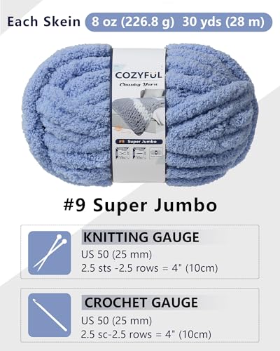 Image of Cozyful Chunky Yarn for Hand Knitting, #9 Thick Jumbo Big Chunky Yarn for Crocheting, Super Chunky Knit Blanket Yarns, Large Chunky Chenille Yarns, 8 Pack (30 yds 8 oz Each Skein), Blue Gray