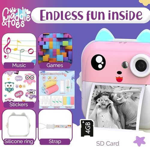 Image of CADDLE & TOES Instant Print Camera for Kids - 1080P HD, 48MP, SD Card, Bluetooth, Free App, 3 Rolls Print Paper, Stickers, Fun Filters, Gift for Kids (Pink with Printer ROLL Set)