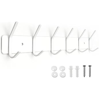 SYPEN Coat Hooks Wall Coat Rack Metal Wall Coat Rack Stainless Steel Hook Rail for Bedroom Bathroom Coat Hooks for Clothes Jackets Holder White 6 Hooks