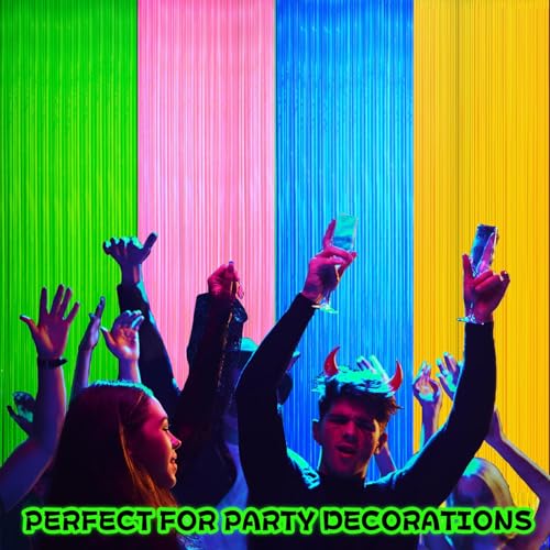 Image of 4 Pack Neon Party Decorations Glow in The Dark Party Supplies Multicolor Tinsel Foil Fringe Curtains for Birthday Party Supplies Streamers Decorations