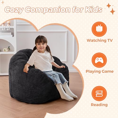 Image of MAXYOYO Kids Bean Bag Chair, Floral Shaped Bean Bag Sofa, Plush Faux Fur Toddler Couch with Petal Backrest for Boys Girls, Stuffed Cozy Sofa for Nursery, Bedroom, Black