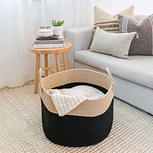 Image of OrganiHaus Round Toy Basket & Blanket Basket, Cotton Rope 20x13 inch | Black / Honey - Round Cotton Rope Basket, 20x13 inch