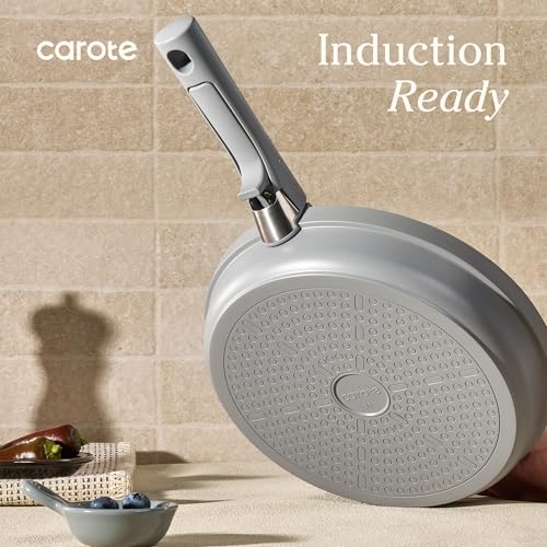 Image of Carote 20pcs Ceramic Cookware Set with Detachable Handles, Pots and Pans Set Non Stick, RV Kitchen Cooking Pot and Pan, Dishwasher Safe, Non-toxic Induction Cookware PFAS and PFOA Free, Grey
