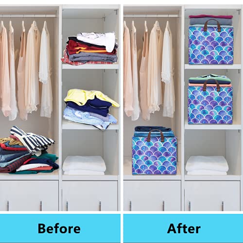Image of Mermaid Storage Bin Basket Collapsible with Leather Handles Waterproof Canvas Storage Cube Box for Closet Toys Clothes Nursery Room Gift Basket