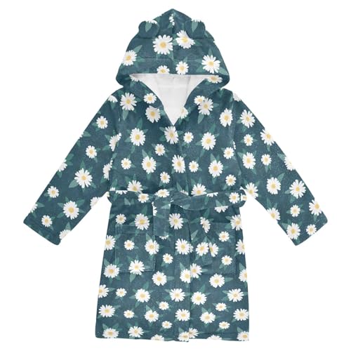WIFIU Toddler Baby Hooded Bathrobe for Boys Girls Lovely Flower Daisies Printed, Soft Plush Bath Towel Robe with 2 Pockets Hand Drawn Floral for 7-9 Years