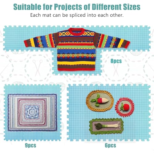 Image of CraftyManor 9 PCS Blocking Mats for Knitting & Crochet Projects, Crochet Blocking Mat with 50 T- Pins, Knitting Board and Pins (Blue 9PCS)