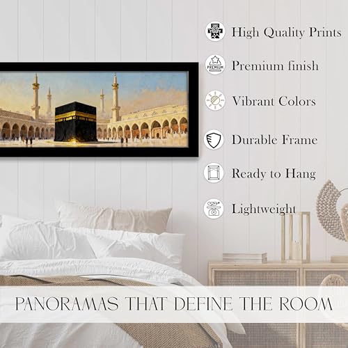 Image of PAINTINGMANTRA Makka Madina Kaaba Islamic Arabic Wall Art Framed Luxury Paintings for Home Decoration, Living room, Bedroom and Office Decoration (99x38 CM)