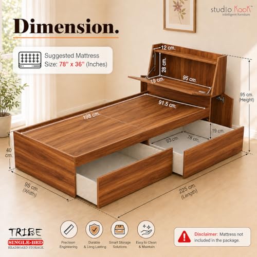 Image of Studio Kook Tribe Headboard Storage Engineered Wood Single Bed with Drawers (Amber Walnut, Right Side Drawer)
