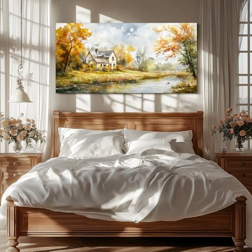 SERIMINO Autumn Nature Landscape Wall Art, Riverside Cottage Scenic Large Artwork, Rustic Farmhouse Oversized Wall Prints, Pastoral Canvas Paintings Wall Decor Living Room Bedroom Dining Room 30"X60"