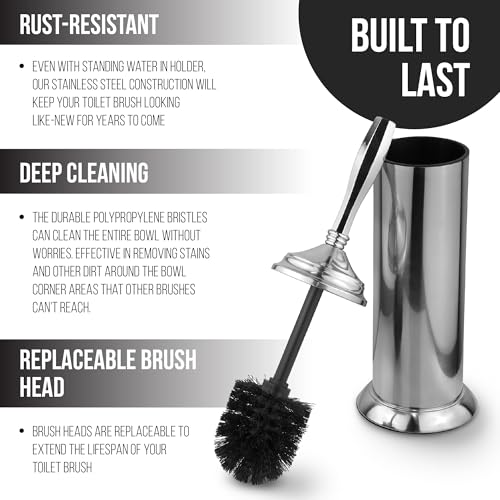 Image of Splash Home Kolva Stainless Steel Toilet Brush with Holder, Bowl Scrubber with Durable Cleaning Bristles, Hidden Brush with Splash Protective Disc Design - Chrome