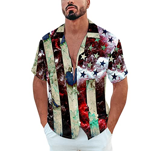 sutelang lurryly Independence Day Shirt Homme Rayures étoilées Coutures Manche Courte Casual Chemise Coupe Ajustée Pas Cher Shirts Imprimé Drapeau Américain Boutonné Styel Chemise
