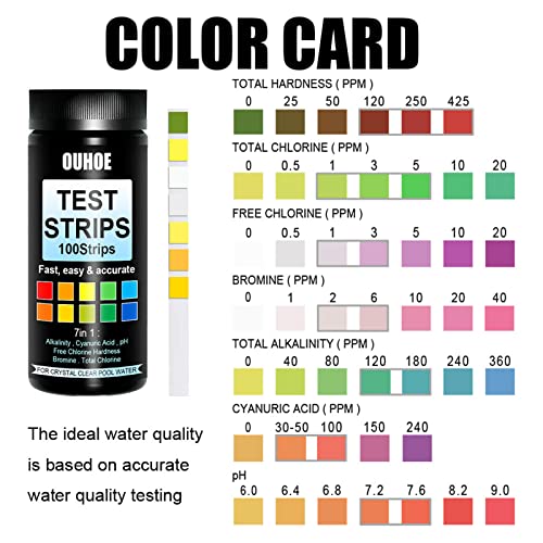 Kit de tiras de teste 7 em 1 para piscina e spa, 100 peças de tiras de teste de água para piscinas,