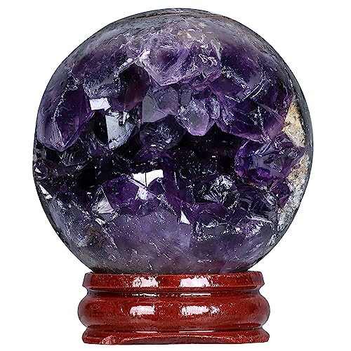 TUMBEELLUWA Amethyst Druzy Geode Gemstone Ball with Wood Stand Healing Natural Crystal Sphere Ball for Divination Home Office Decor, 2-2.36 Inches
