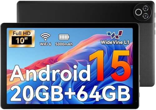 Android 15 Tablet, 2025 Newest 10 Inch Tablet, 20GB RAM+64GB ROM (TF 1TB), 5000mAh, 1280 * 800 HD, WiFi 6, Bluetooth 5.4, Dual Cameras, Dual Speakers, Black