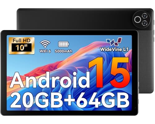 MUISOO Android 15 Tablet, 2025 Newest 10 Inch Tablet, 20GB RAM+64GB ROM (TF 1TB), 5000mAh, 1280 * 800 HD, WiFi 6, Bluetooth 5.4, Dual Cameras, Dual Speakers, Black
