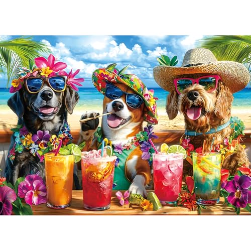 Puzzle 1000 Pieces Adult Tropical Dogs Beach Party Hawaiian Vacation Summer Cocktail Funny Animal Jigsaw Puzzles for Adults Difficult Challenging...