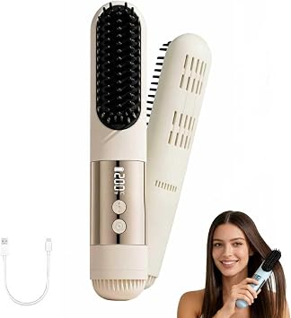 Cordless Hair Straightener Brush-Portable Mini Straightening Comb Rechargeable Battery Powered for Travel - Cool curl Airflow Styler- 30s Fast Heating -LCD Display