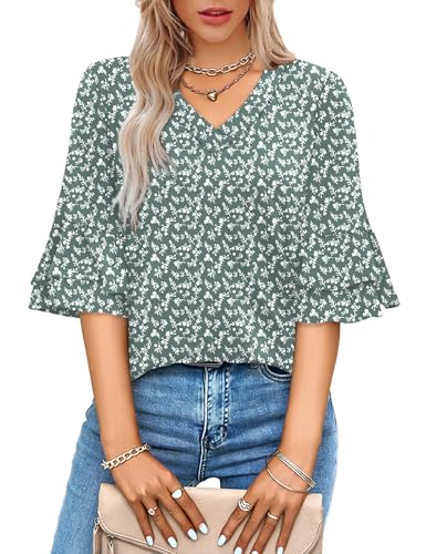 Image of OFEEFAN Spring Tops for Women Boho Shirts Fashion Clothing Cute 3 /4 Length Sleeve Blouses Dressy Casual Summer Outfits