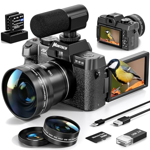 8K Digital Cameras for Photography, 64MP vlogging Camera with 180°Flip Screen，2 Batteries, 64GB TF Card，16X Zoom, WiFi,Microphone, Wide & Macro Lens Kit (Brown)