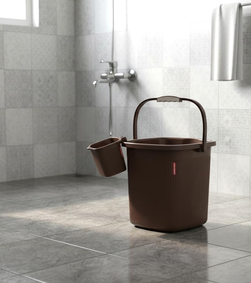 Image of Modware Square Ribbon Plastic Bucket Set with Mug | 25L Brown Bathroom Bucket with Handle + 1.5L Mug | Heavy-Duty Polypropylene + Co-Polymer | Stylish & Durable Bath Set (Brown 25 L)