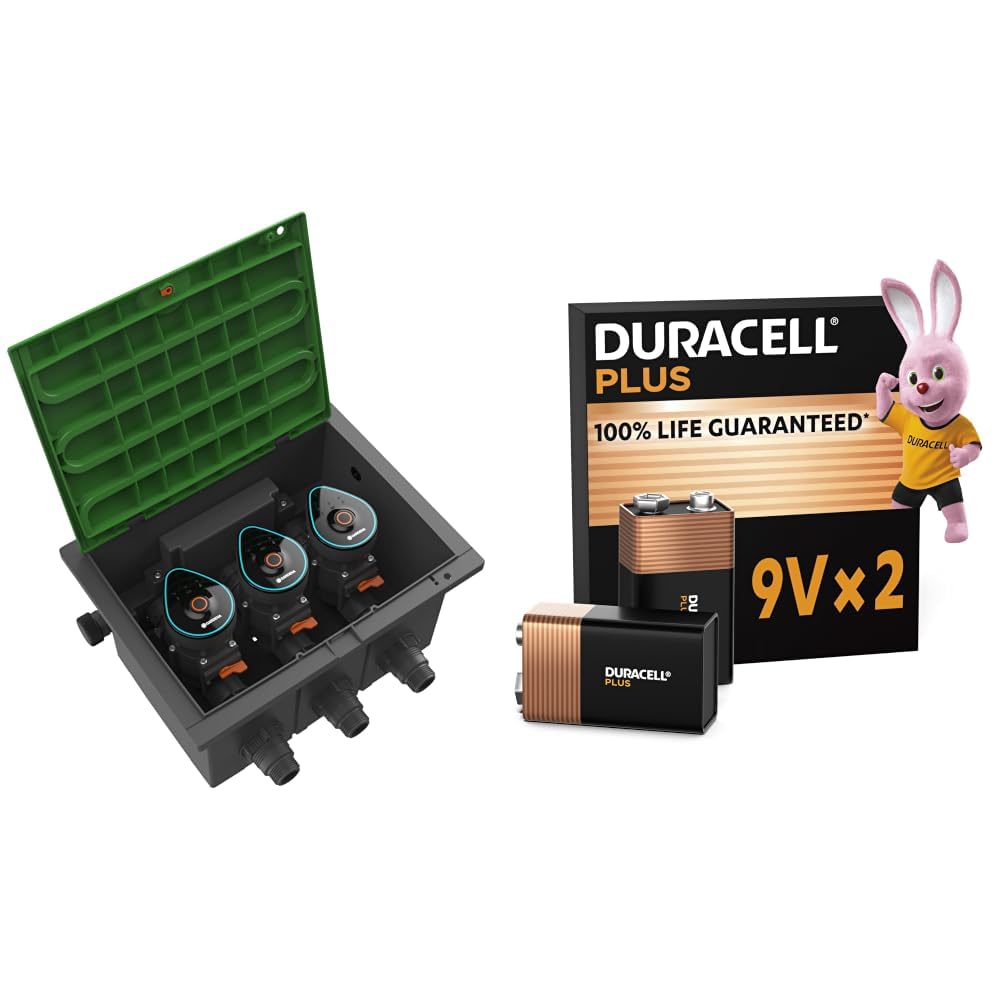 GARDENA Set pozzetto pre-cablato 9 V Bluetooth: scatola per installazione a pavimento per l’interramento di valvole di irrigazione a batteria, programmabili tramite app (1286-20) + Duracell 9V 2