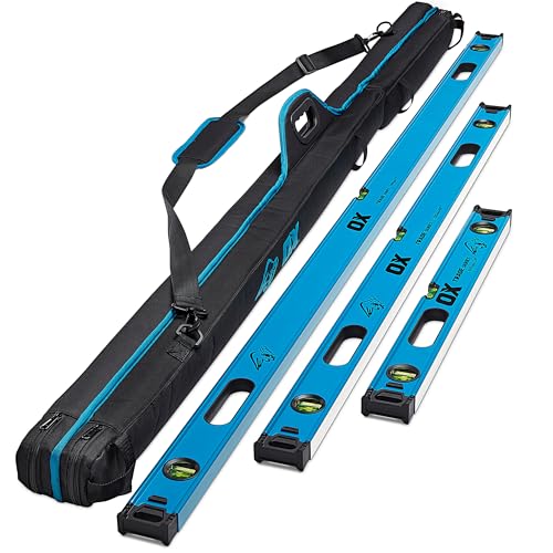 OX Trade 3PC Box Spirit Level Set (600mm 1200mm 1800mm) with a Carry Bag Lightweight High-Accuracy Spirit Level With Magnified Vials Shock-Absorbing End Caps Cushioned Grip OX-T505903
