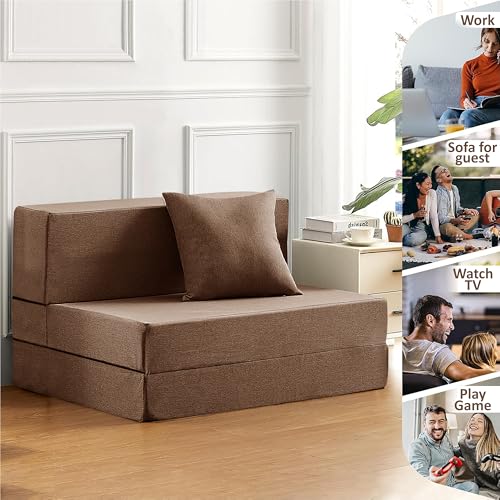 Image of Urban Decor Foldable Sofa Bed 6' X 6' Feet with Cushions | Perfect for Guest Jute Fabric Four Seater Sofa Cum Bed for Home & Office Space-Saving - SCB-4-Brown
