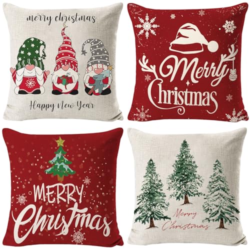 Julörngott, 45 x 45 cm, 4 stycken kuddöverdrag till jul, för julkuddar, litet kuddfodral av linne, god jul-dekoration