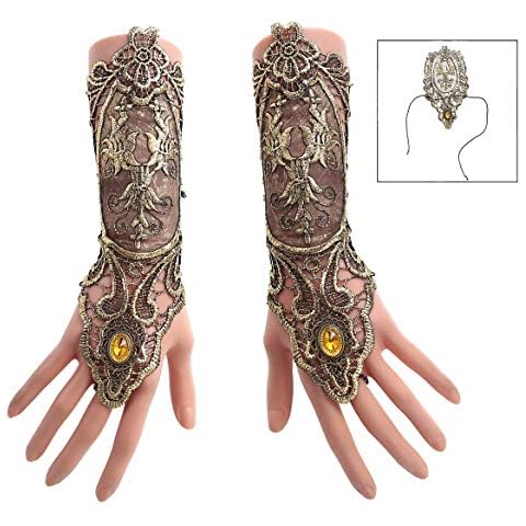 iwobi Women Retro Lace Fingerless Gloves Gothic Floral Lace Long Gloves Steampunk Style Wristband Ring Vintage Beaded Handmade Lace Up Gloves Cover